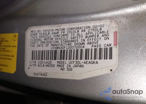 2002 Lexus Ls 430 из США, поврежденный, VIN JTHBN30F120072004